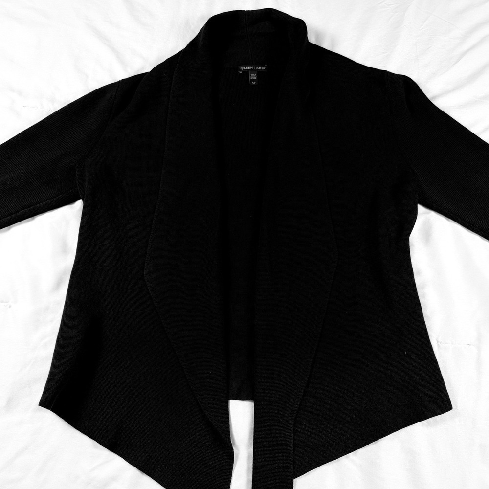 Eileen Fisher Black Open Front Cardigan Shawl Collar Ribbed Knit Sweater Small
